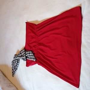 Judith March size M, one shoulder red top with b&w herringbone bow at shoulder